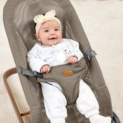 Foldable Baby Bouncer, Baby Bouncer Seat with 3 Adjustable Heights, Portable Newborn Rocker, Ergonomic Bouncer Seat for Natural Bounce, Bouncer for Babies 0-6 Months, Breathable Mesh (Light Brown)