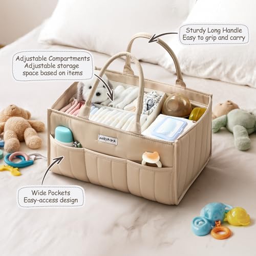 POIKSHARK Baby Diaper Caddy - Stylish Basket for Newborn Essentials, Nursery Storage Bin and Car Organizers for Diapers and Wipes, Gift for Baby Shower, Cream