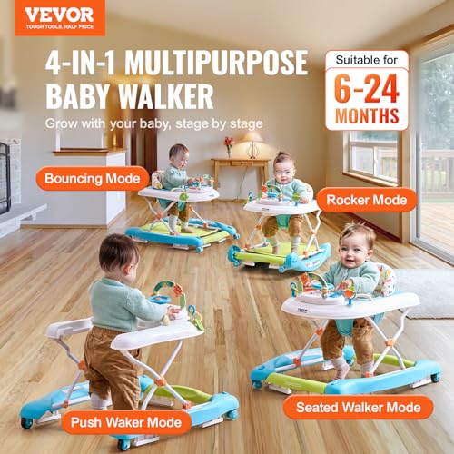 VEVOR 4-in-1 Baby Walker, Folding Baby Activity Center with Wheels, 3 Adjustable Height, Music & Toys Tray, Learning-Seated | Walk-Behind | Rocker | Bouncer Toddler Walker for Girls Boys 6-24 Months