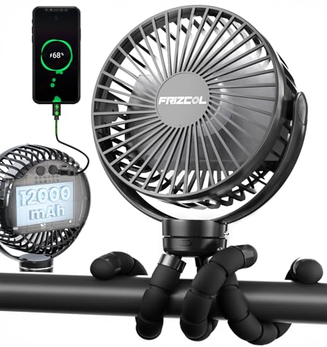 FRIZCOL Portable Stroller Fan, Use As Power Bank, 65H 12000mAh Battery Operated Fan Flexible Tripod Baby Car Seat Fans with Timming, Personal Mini Handheld/Desk/Small Clip On Fans For Stroller