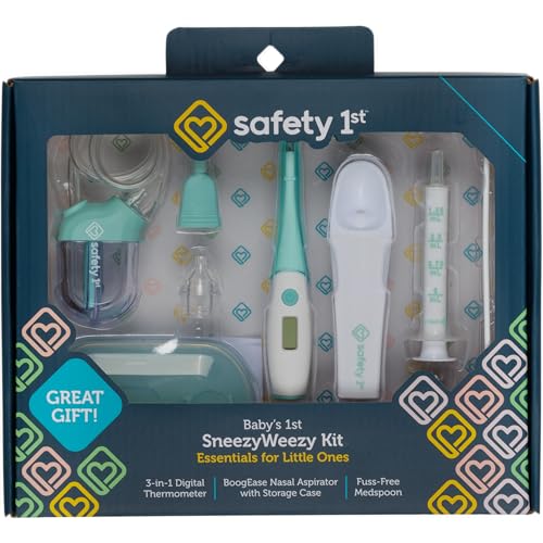 Safety 1st Baby’s 1st SneezyWeezy Kit, Sick Baby Essentials, BoogEase Nasal Aspirator, 3-in-1 Digital Thermometer, Medspoon, Infant Set, Easy-Clean, Medicine Feeding Spoon