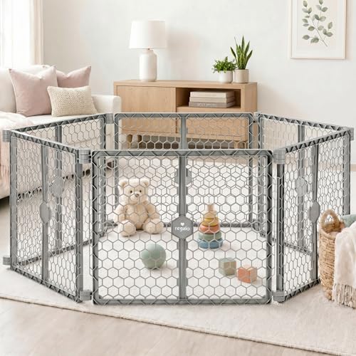 Regalo Safety 192" Super Wide Baby Gate & Play Yard, 2-in-1 Adjustable Playpen for Babies, Toddlers & Pets, Includes Wall Mount Kit, Plastic, Gray