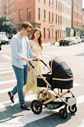 INFANS 2 in 1 Baby Stroller, Folding Newborn Pram Convertible Stroller Bassinet for Infant Foldable High Landscape Shock Absorption with Reversible Seat Aluminum Structure for Pushchair