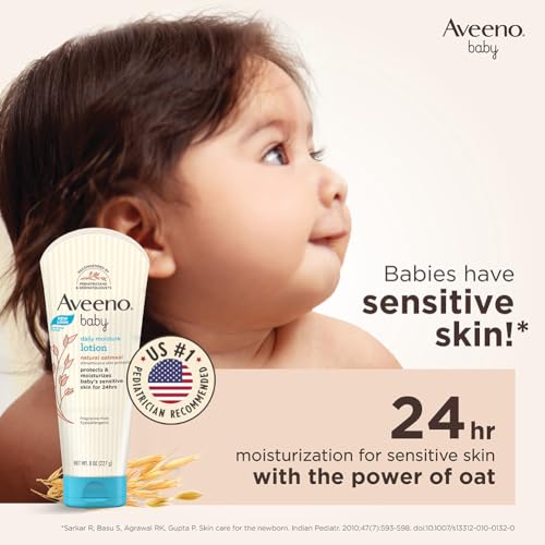 Aveeno Baby Daily Moisture Lotion for Delicate Skin with Natural Colloidal Oatmeal Dimethicone Hypoallergenic Fragrance Phthalate ParabenFree 8 oz, 1 Count