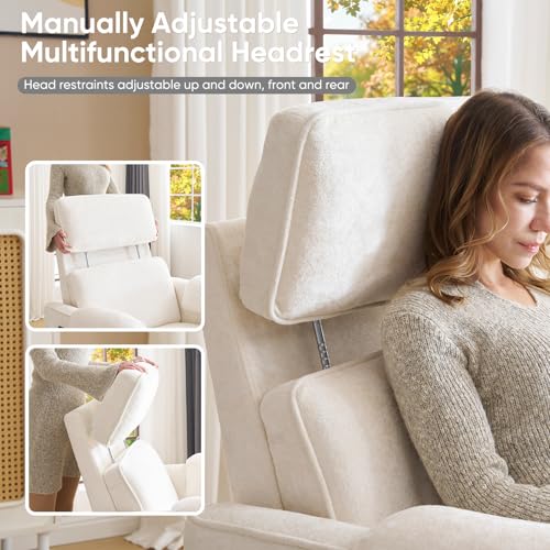 Rhevoy Oversized Power Rocker Recliner Chair, 24" Extra Wide Swivel Recliner with Adjustable Headrest, Chenille Glider Rocking Nursery Chair with Overstuffed Armrest, USB Ports, Cream