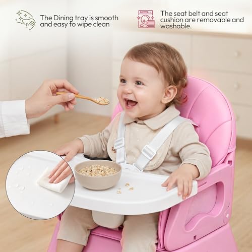5 in 1 Foldable Baby High Chair,Convertible Highchair for Babies and Toddlers-Portable Infant Booster Seat,Foldable Dining Chair,Toddler High Chair with 5-Point Harness,Removable Tray (Pink)