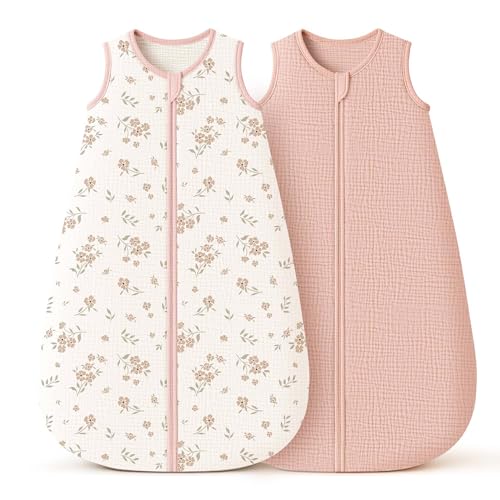 Konssy Muslin Baby Sleep Sack 6-12 Months 0.8 TOG, 2 Pack 100% Cotton Wearable Blanket for Babies, 2-Way Zipper Breathable Sleeping Sack Infant Toddler Essentials for Girls and Boys (Blossom, Pink)
