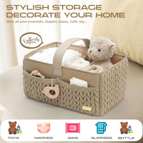 LUKJOJO Luxurious Baby Diaper Caddy, Nursery Storage Basket for Newborn Essentials, Travel Baby Basket for Diapers Baby Wipes, Organizer Tote Bag Storage Bin, Baby Shower Gifts(Beige)