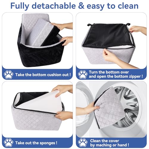 Dog Car Seat for Small/Medium Dogs Under 30lbs, Double-Sided Cooling & Warm Booster Seat, Detachable & Washable Elevated Pet Bed with Pockets, Anti-Slip Base for Front & Back Seats with Safety Leash