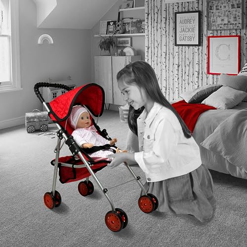 The New York Doll Collection My First Doll Stroller with Basket, Foldable Doll Stroller (Red Quilted)