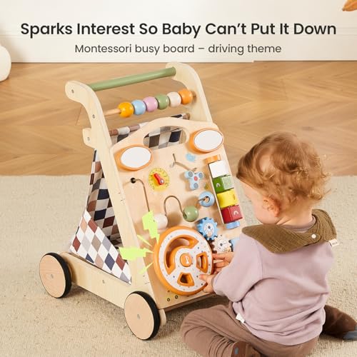 GROWNSY Wooden Baby Walker with Wheels, 3-in-1 Sit-to-Stand Baby Walker with Adjustable Speed, Montessori Push Walker with 7-in-1 Removable Activity Panel, First Birthday Gifts for Boys & Girls