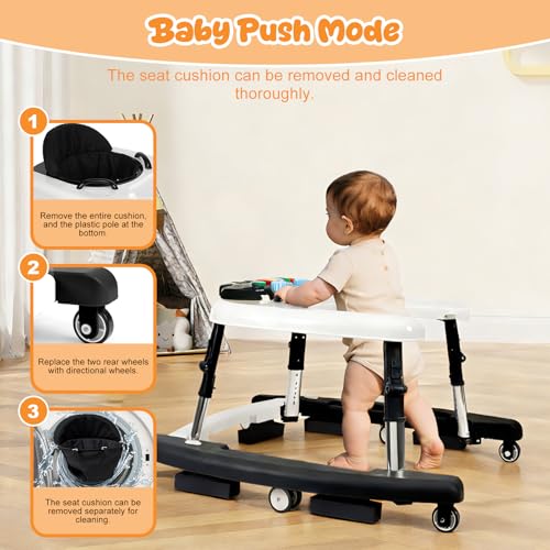Tickeagle 5-in-1 Baby Walker for Boys and Girls Music and Lights 6-18 Month, Foldable Baby Walkers with 5 Adjustable Heights, Infant Toddler Walker with Wheels and Combo Portable(Black)
