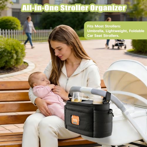 Seeseven Stroller Caddy with Cup Holder & Detachable Phone Bag, Black
