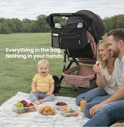 Kovire Black Universal Stroller Organizer with 2 Insulated Cup Holders, 3-in-1 Stroller Caddy with Detachable Phone Bag & Non-Slip Shoulder Strap, Fits Uppababy, Nuna, Doona, Baby Essentials