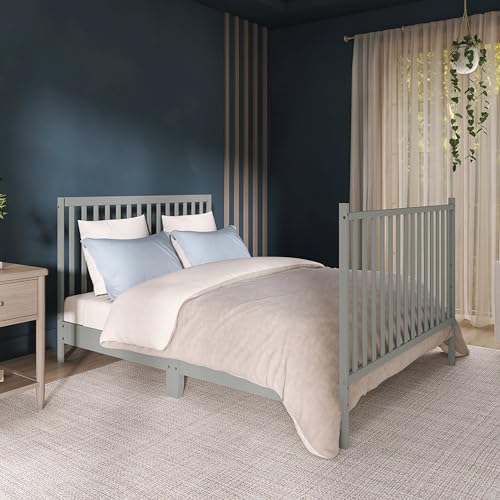 Dream On Me Synergy 5-in-1 Convertible Full-Size Baby Crib with Toddler, Day & Full Bed Conversion in Cool Grey, GreenGuard Gold & BSA, 3 Mattress Heights, Sustainable Pinewood
