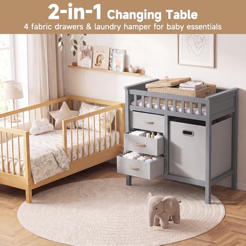 INFANS Wooden Baby Changing Table with Comfy Changing Pad, 3 Fabric Drawers, Laundry Hamper, Safety Belt, Diaper Station Dresser for Nursery Infant (Light Gray)
