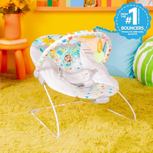 Bright Starts Baby Bouncer Soothing Vibrations Infant Seat - Removable -Toy Bar, Nonslip Feet, 0-6 Months Up to 20 lbs (Safari Fun)