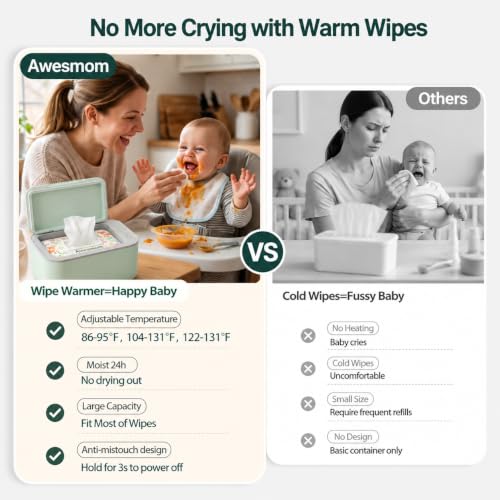 Awesmom Wipe Warmer for Baby & Adult Wipes, Adjustable Temperature, Quiet and Even Heating, Wet Wipes Dispenser, Diaper Wipe Warmer, Green