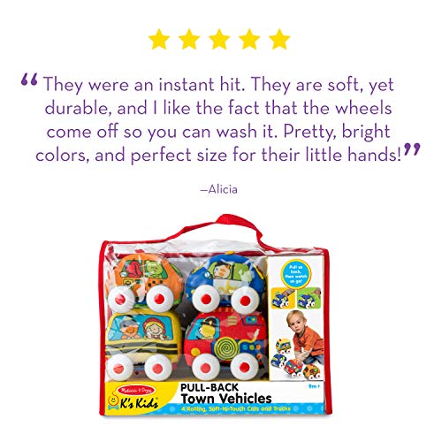 Melissa & Doug K's Kids Pull-Back Town Vehicle Set - Baby Toys Set with 4 Soft Toy Cars and Trucks, Surface Washable with Removable Wheels, Learning Toys for Babies and Toddlers