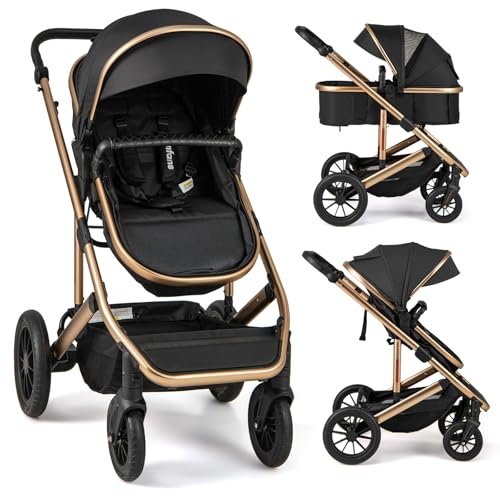 INFANS 2 in 1 Baby Stroller, Folding Newborn Pram Convertible Stroller Bassinet for Infant Foldable High Landscape Shock Absorption with Reversible Seat Aluminum Structure for Pushchair