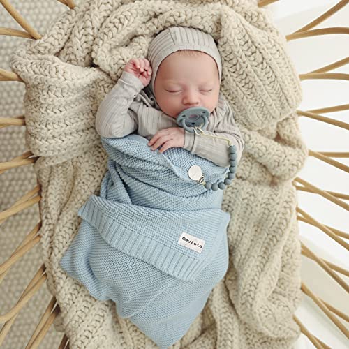 Bleu La La - 100% Organic Cotton Heritage Knit Textured Baby Quilt Blanket for Boys – Signature Heritage Knit, Soft Breathable Newborn Baby Blanket (Heritage - Sky Blue)
