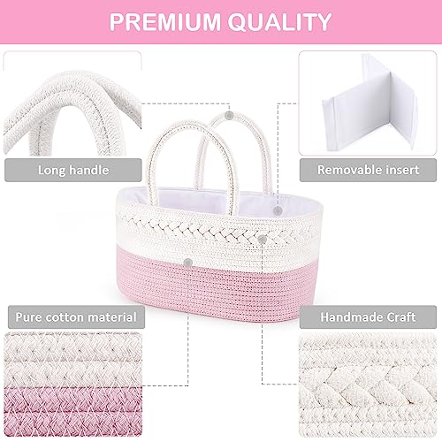 ABenkle Diaper Caddy Organizer, Cotton Rope Nursery Storage Basket Pink