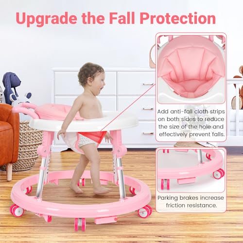 Baby Walker Foldable with 9 Adjustable Heights, Baby Walker with Wheels Portable, Infant Toddler Walker for Baby Boy Girls 6-18 Months (Pink)