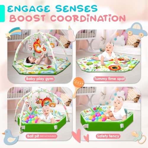 lulunemo Baby Play Mat,Tummy Time Mat with 6 Detachable Toys-Activity Gym for Visual, Auditory & Motor Development-Washable Baby Activity Mat for 0-12 Month Infants(Animal Theme)