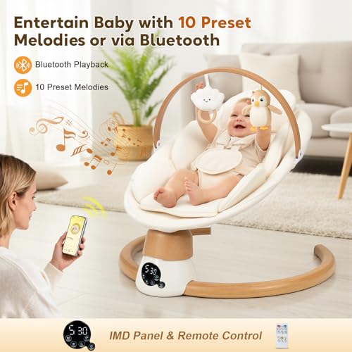 Baby Swings for Infants | Electric Portable Baby Swing with Bluetooth, 5 Swing Speed, 3 Timer Settings, 10 Melodies, 5-Point Harness & Remote Control | Indoor & Outdoor Newborn Swing (Beige)