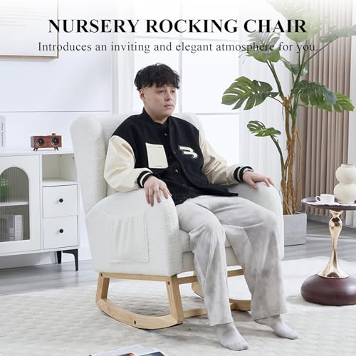 NIOIIKIT Nursery Rocking Chair with Footrest, Teddy Upholstered Glider Chair, Rocker Nursery Chair with Side Pocket, Glider Rocker, Accent Reading Chair for Living Room (White Teddy)