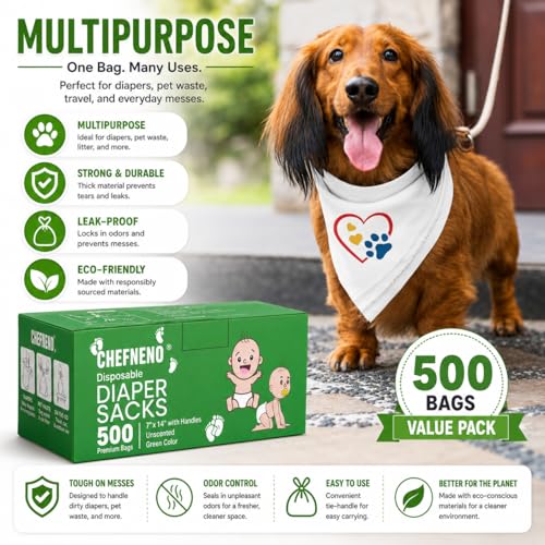 Baby Diaper Bag Disposable Biodegradable Unscented Easy Tie Handles (500 Bags) Made w/EPI Additive Bulk Diaper Sacks Dog Poop Waste Bags Cat Litter Clump & Poop Bags Sanitary Pad Waste Bags (500 ct.)