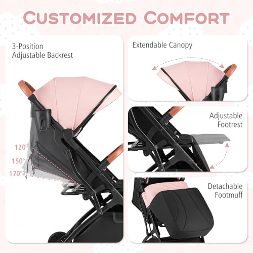 BABY JOY Lightweight Stroller, Compact Travel Stroller with One-Hand Fold, Adjustable Backrest, Canopy, Cup Holder, Footmuff & Storage Basket for Toddlers (Pink)
