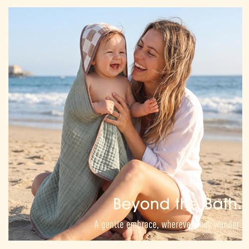 HardNok 4-Piece Muslin Baby Towel Set - Made with Organic Cotton, (2) 6-Layer 32x32 Towels & (2) Washcloths, Bath, Beach & Pool Gift Set (Neutral Sage Mix)