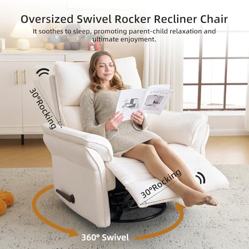 Rhevoy Oversized Recliner Chair, 26" Extra Wide 360° Swivel Rocker Recliner with Adjustable Headrest, Chenille Glider Rocking Nursery Chair with Overstuffed Armrest, Lumbar Support, White