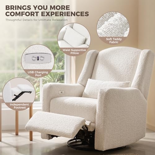 Madaha Power Recliner Chair Swivel Gilder Rocking Chairs Skin-Friendly Power Recliner Nursery Chair for Adults with Waist Pillow, USB Charging (Beige, Only Recliner Chair)