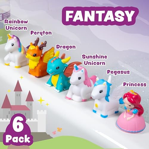 Tub Works® Fantasy Watertight Bath Toys, 6 Pack | Sealed, No Hole Bath Toys Design Keeps Moisture Out | Soft, Squeezable & Float on Water | Baby & Toddler Bathtub Toy | Unicorn Baby Girl Bathtub Toy