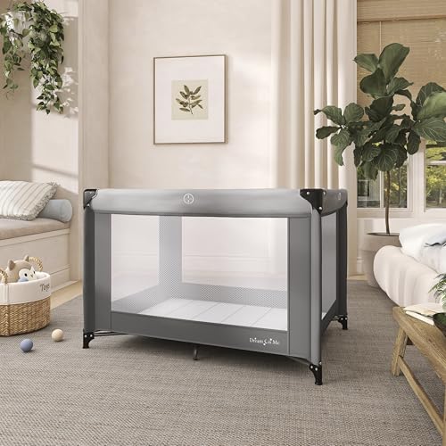 Dream On Me Zazzy Portable Playard with Bassinet - 360° Mesh Visibility, Quick Folding Travel Friendly Design, Carry Bag and Foldable Mattress Pad Included, Compact and Lightweight - Gray