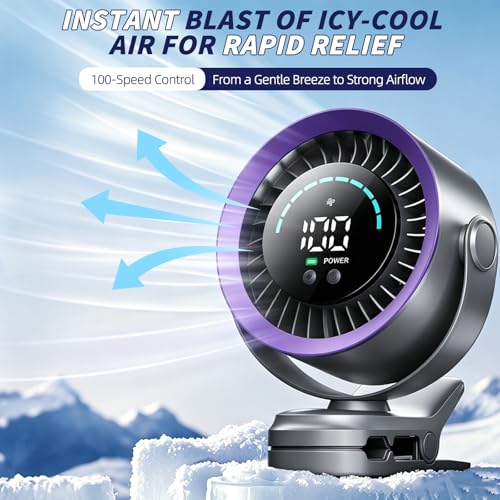 duludulu Portable Clip on Fan, Rechargeable USB Desk Fan with Turbo Airflow, 100 Speeds LED Display, 360° Rotation, Small Quiet Battery Powered Fan for Stroller Outdoor Travel Camping Golf Cart, Grey