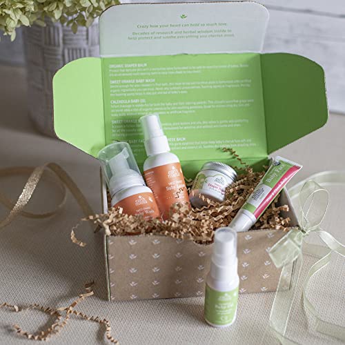 Earth Mama A Little Something for Baby Gift Box |Safe Skin Care Set Newborn Essentials for Baby Shower- Diaper Balm, Face Balm, Calendula Baby Oil, Baby Wash, Baby Lotion, 5 Pieces