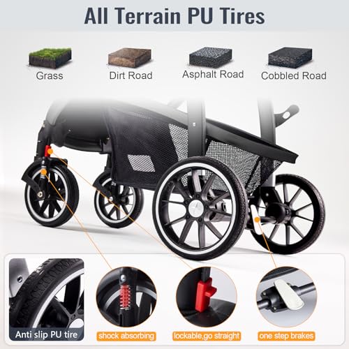 Baby Stroller, 2-in-1 Reversible Toddler Seat with Lie-Flat Mode, Foldable Infant Stroller with Canopy, One Button Brake, Adjustable Handle, Newborn Pushchair (Black B)
