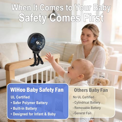 WiHoo Portable Stroller Fan, 11H Ultra-long Battery Life 3 Speed 360°Rotate, USB Rechargeable or Battery Operated Cooling Clip On Personal Fan for Baby Crib Travel Car Seat Black