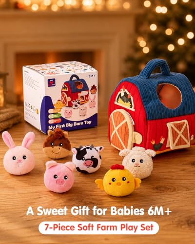 hahaland Baby Toys 6-12 Months - Surprise Barn Stuffed Farm Animals, Rattle, Crinkle, Mirror, Montessori Toys for 6 Month Old Sensory Balls 1-3, Baby Boy Gifts, Farm Plush Toys for Babies Travel Toy