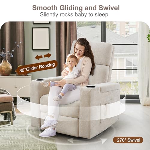ABCASA Power Recliner Rocking Chair Nursery Glider, Swivel Reclining Nursery Rockers for Baby Room & Living Room, Chenille Chair with Phone Holder, USB/Type-C Ports, Arm Storage, Light Brown