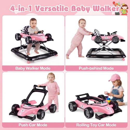 BABY JOY 4-in-1 Baby Walker, Foldable Activity Walker with Push Mode, Adjustable Height, Lights, Anti-Rollover, Baby Walker with Wheels for Boys Girls 6-18 Months (Pink)