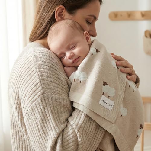 Bleu La La Baby Swaddle Blanket - 100% Luxury Cotton Knit Soft Cozy Lightweight Unisex Receiving Stroller Quilt Blanket for Shower Gift Registry for Newborns Infants Toddlers (Sheep - Khaki)