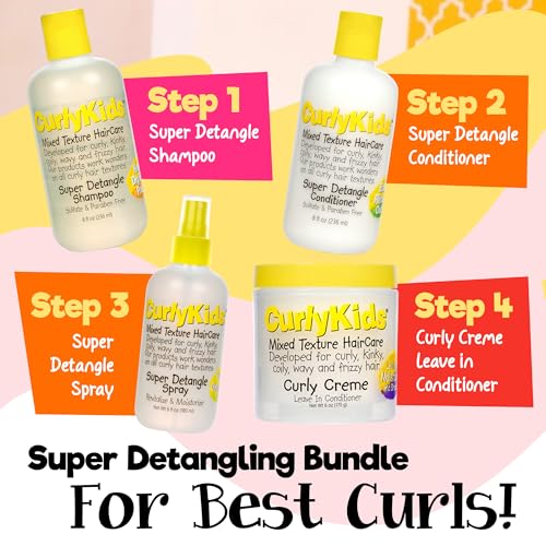CurlyKids Textured Hair Care Set for Kids, Spray, Shampoo & Creme, 4 Pack
