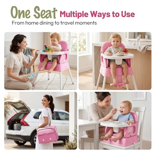 5 in 1 Foldable Baby High Chair,Convertible Highchair for Babies and Toddlers-Portable Infant Booster Seat,Foldable Dining Chair,Toddler High Chair with 5-Point Harness,Removable Tray (Pink)