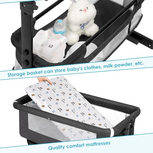 YADAQE Baby Cradle, Freestanding Bedside Bassinet, 3-in-1 Convertible Bassinet with 360° Swivel Wheels, 2026 New Model Adjustable, Easy-Fold Portable Neutral Baby Newborn Bassinet (Dark Gray)