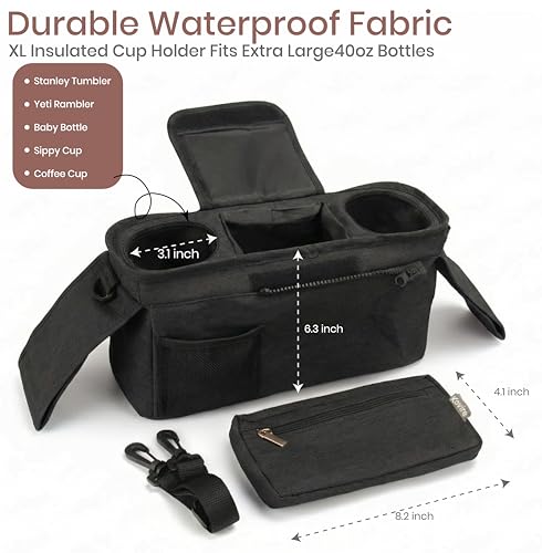 Kovire Black Universal Stroller Organizer with 2 Insulated Cup Holders, 3-in-1 Stroller Caddy with Detachable Phone Bag & Non-Slip Shoulder Strap, Fits Uppababy, Nuna, Doona, Baby Essentials