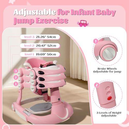 Baby Walker, 4-in-1 Baby Walker with Wheels Portable, Foldable Infant Toddler Walker for Boys Girls 6-18 Month,Removable Footrest,Car Steering Wheel & Music, Adjustable Push Walker Pink